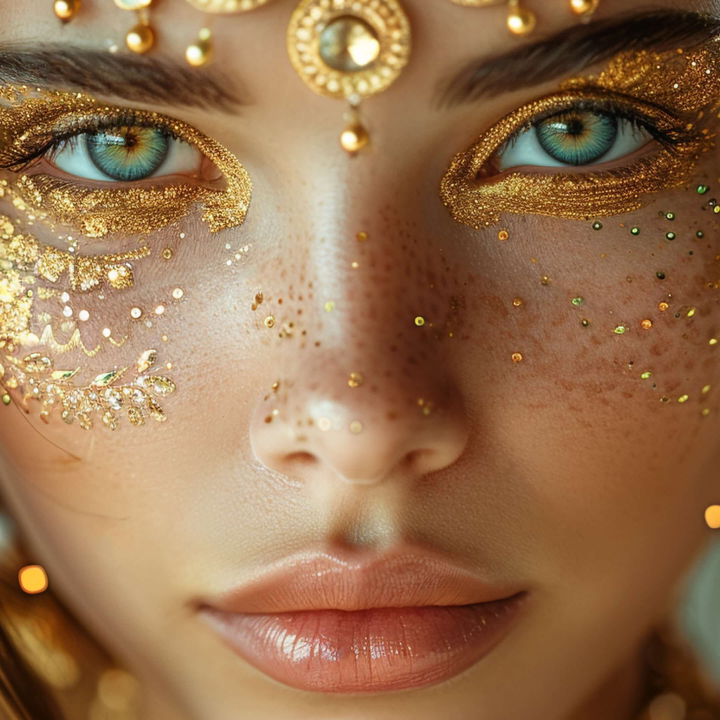 Зеленоглазая девушка с блестящим макияжем на лице