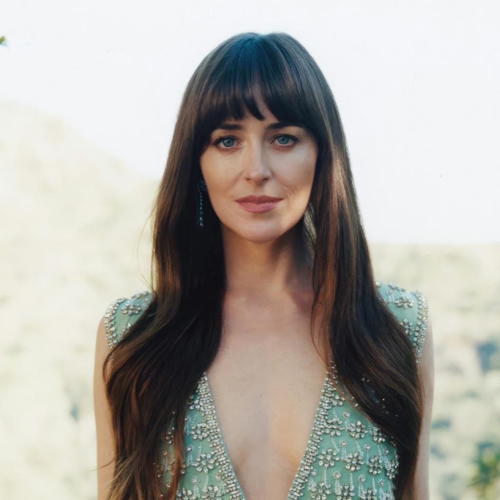 Длинноволосая шатенка актриса Дакота Джонсон крупным планом