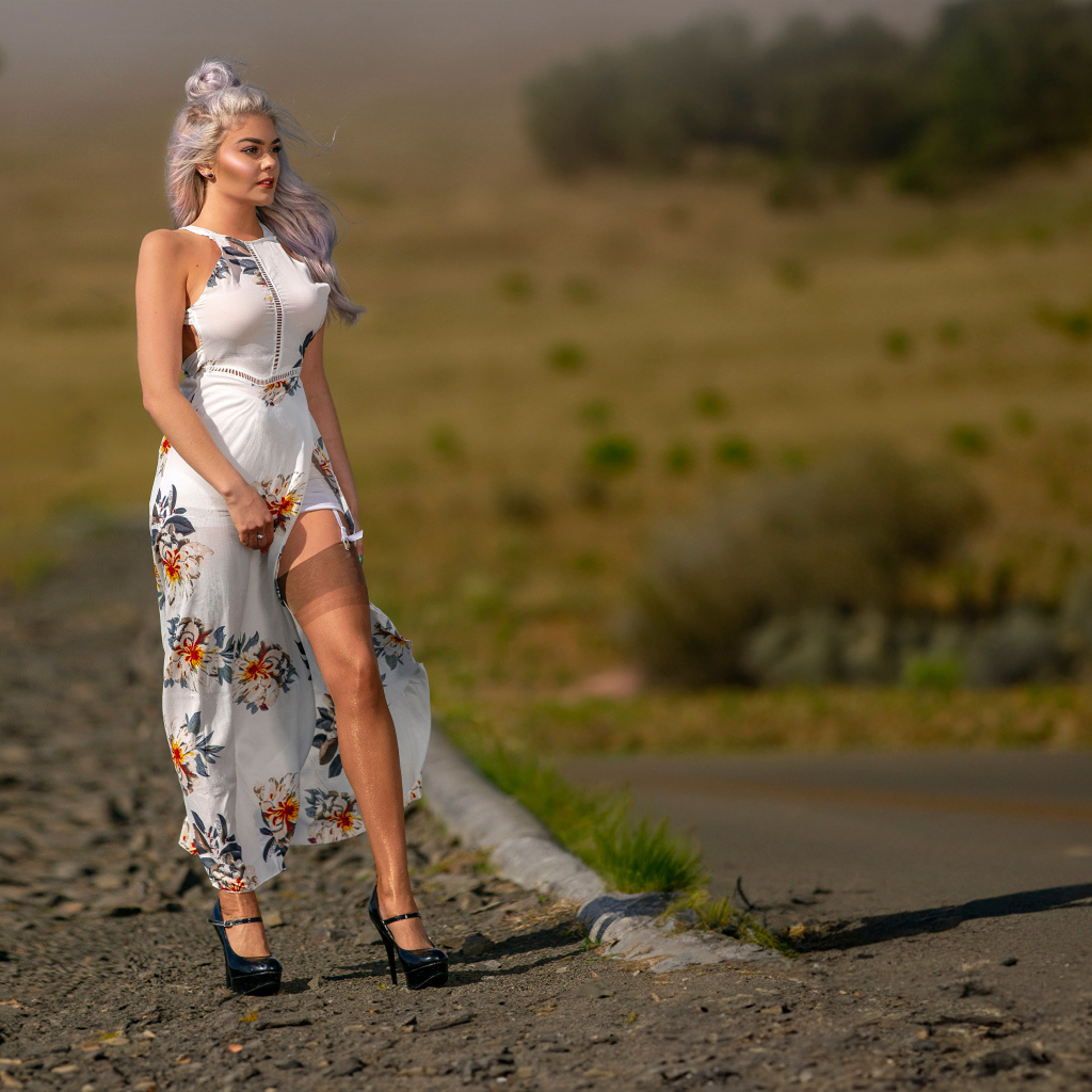 Длинноногая красивая девушка в платье у дороги