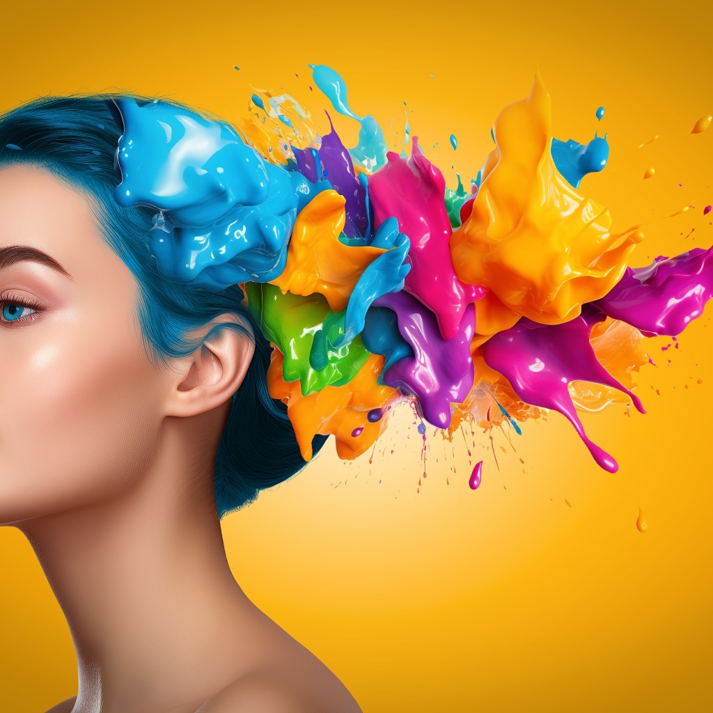 Разноцветная краска на волосах девушки на желтом фоне