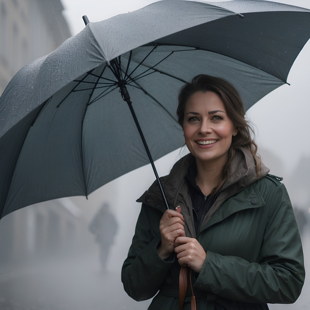 Улыбающаяся девушка под черным зонтом