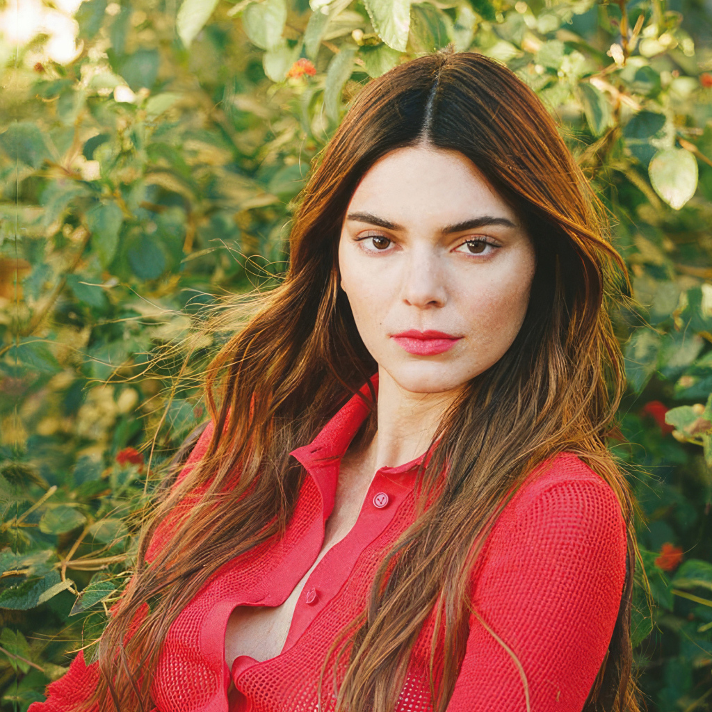 Американская модель Кендалл Дженнер в красной кофте стоит у куста