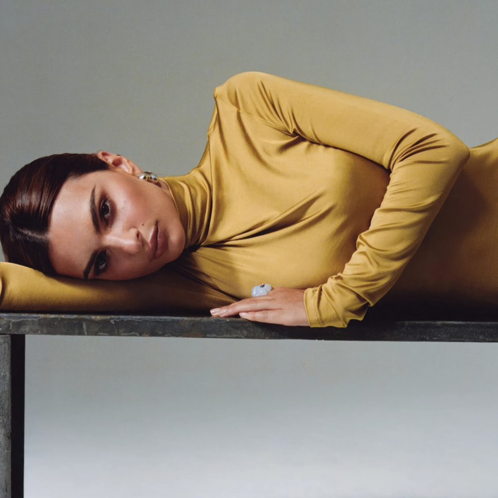 Красивая модель Эмили Ратаковски в желтом платье лежит на столе