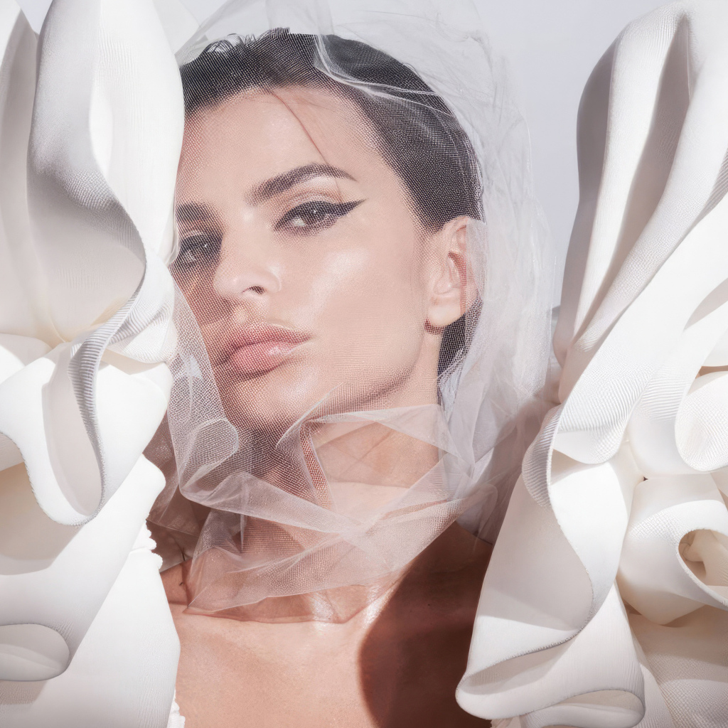 Модель Эмили Ратаковски с белой вуалью на лице