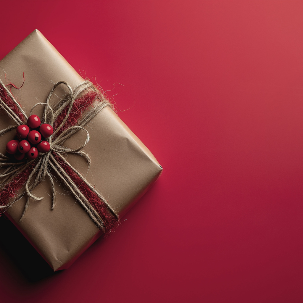 Подарок в бумаге на красном фоне