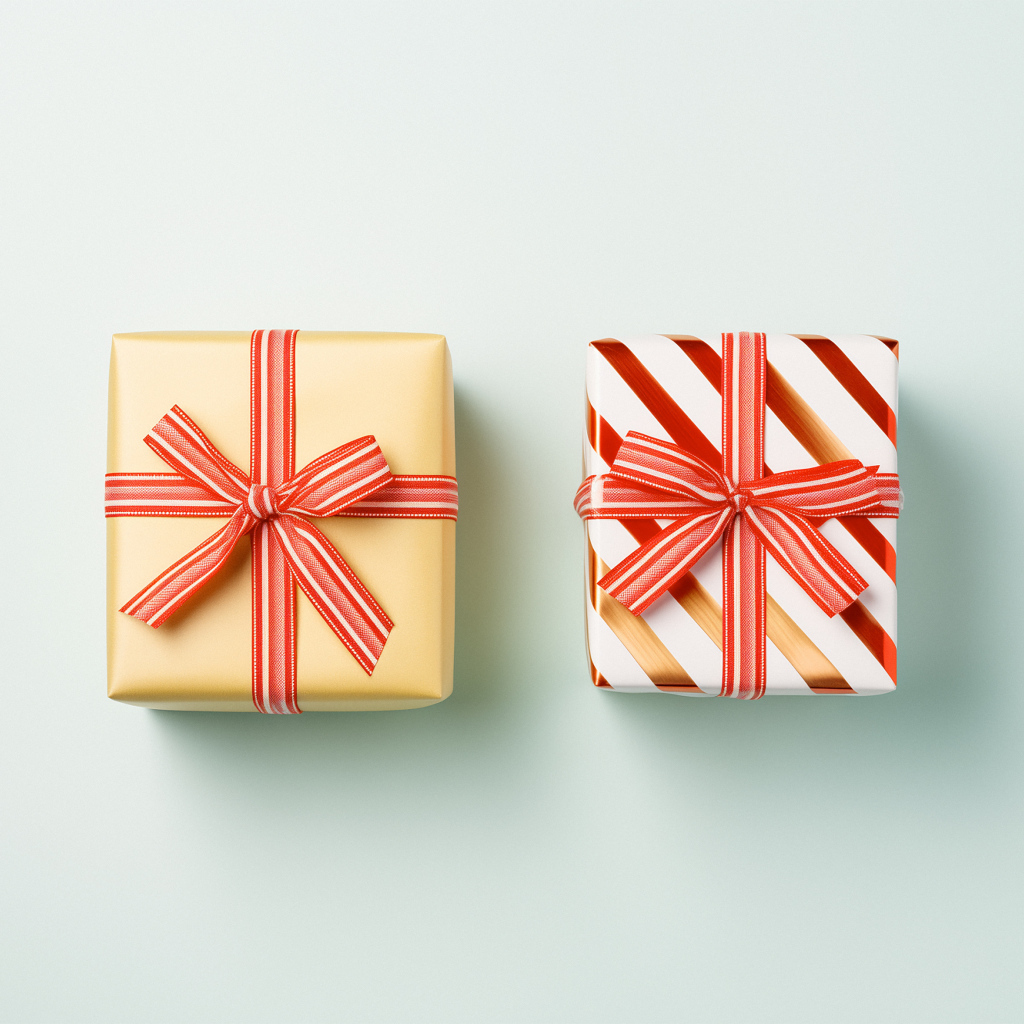 Два подарка с лентами на сером фоне