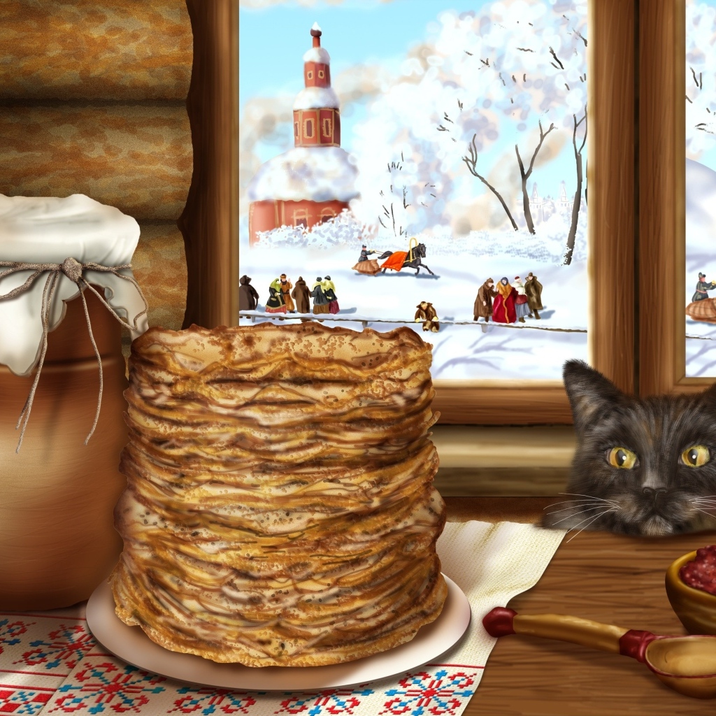Нарисованный кот с блинами и икрой на Масленицу