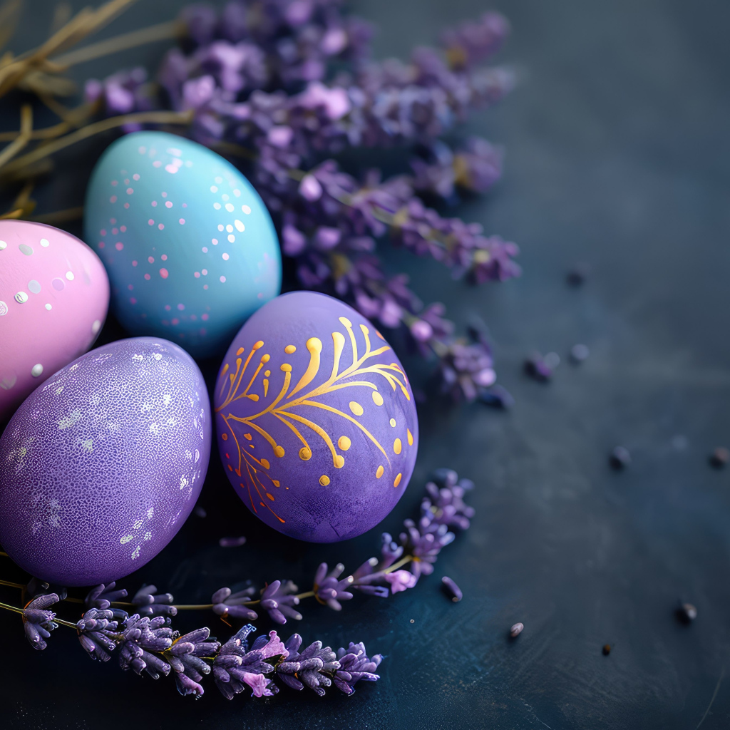 Красивые пасхальные яйца с веточками вербы на сером столе