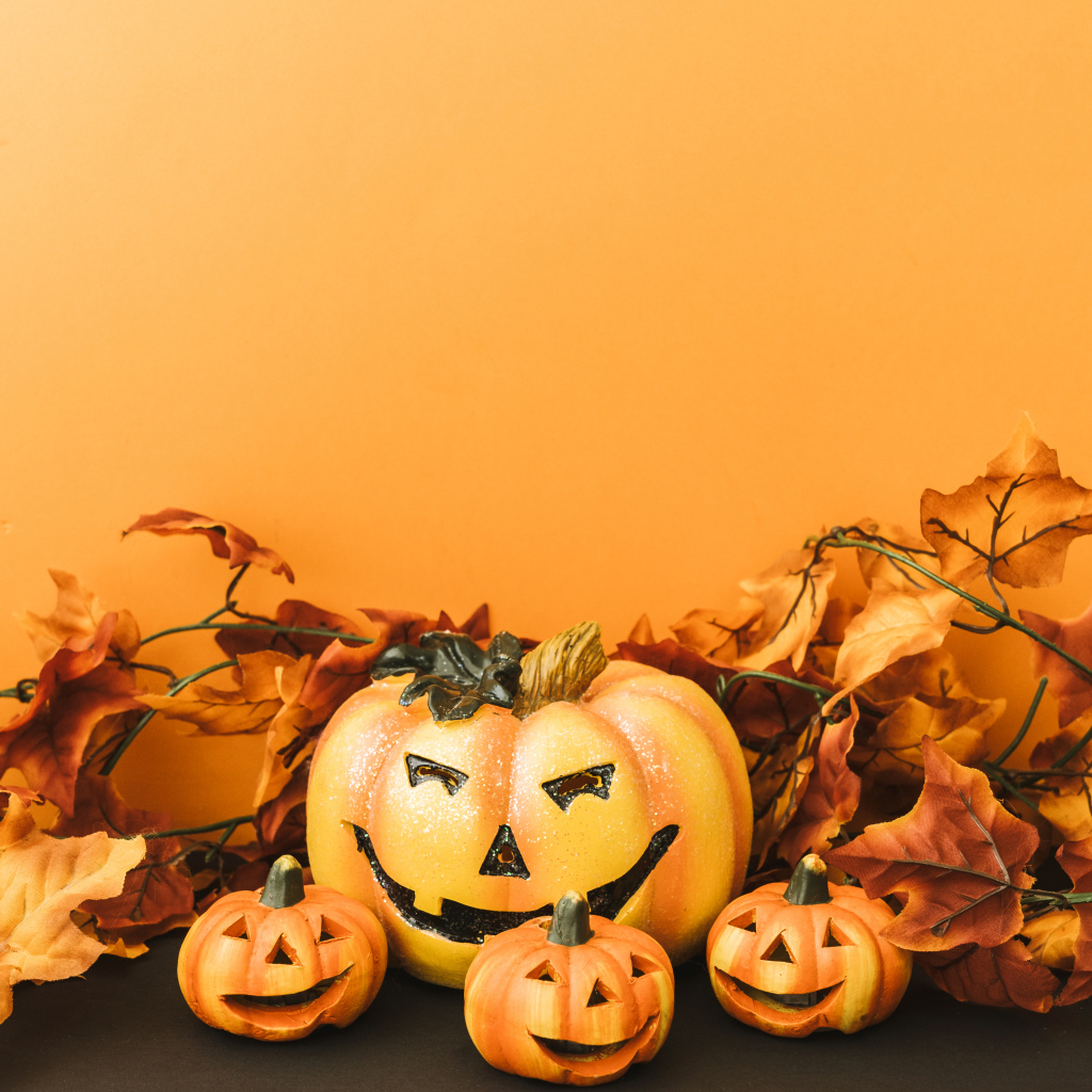Композиция на оранжевом фоне на праздник Хэллоуин