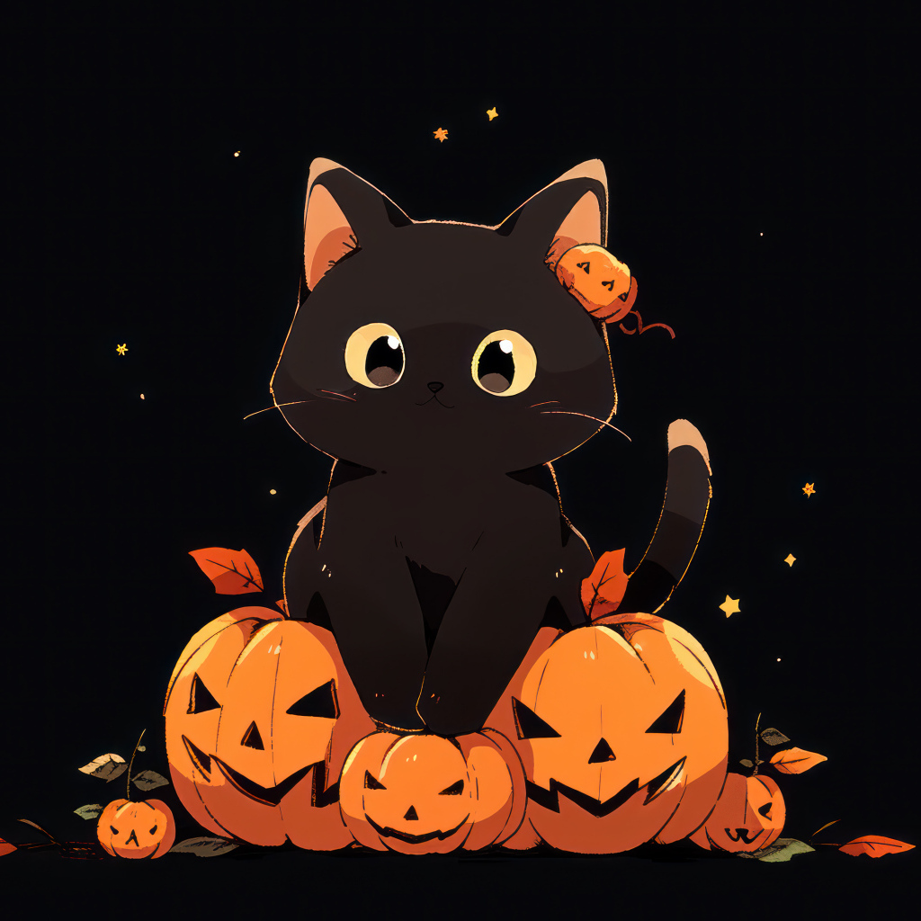 Маленький черный котенок с тыквами на Хэллоуин
