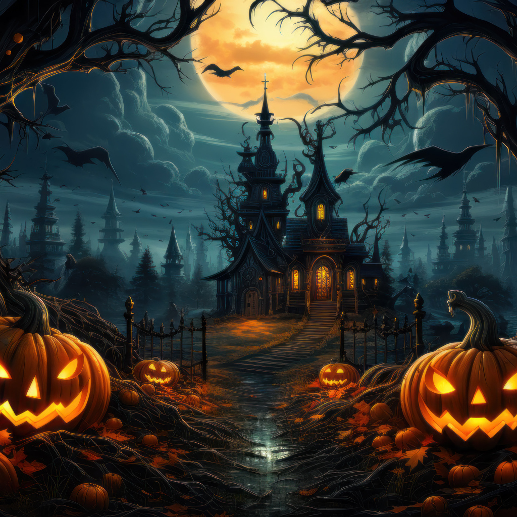 Тыквы освещают дорогу к старому черному замку