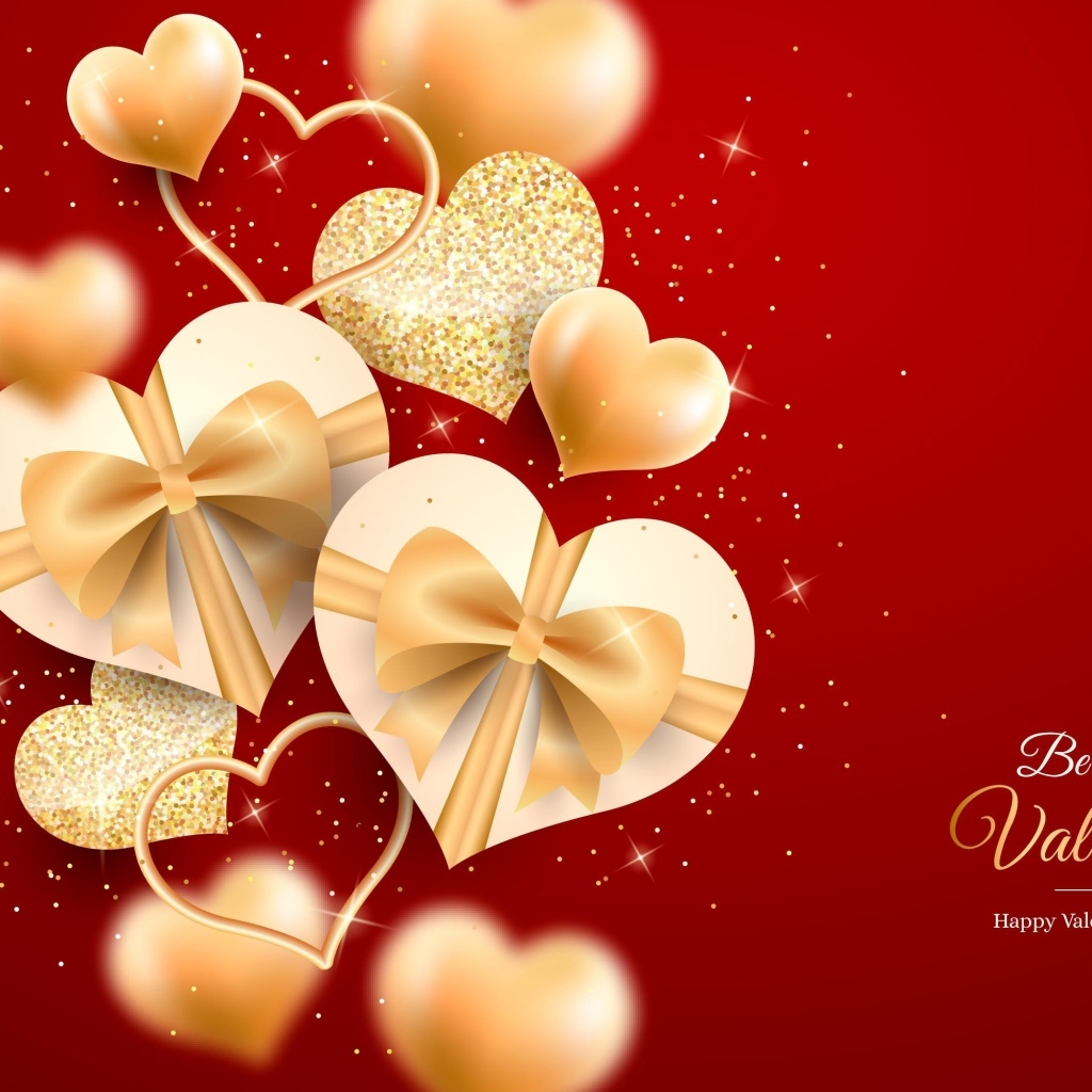 Золотые блестящие сердечки на красном фоне на День Влюбленных