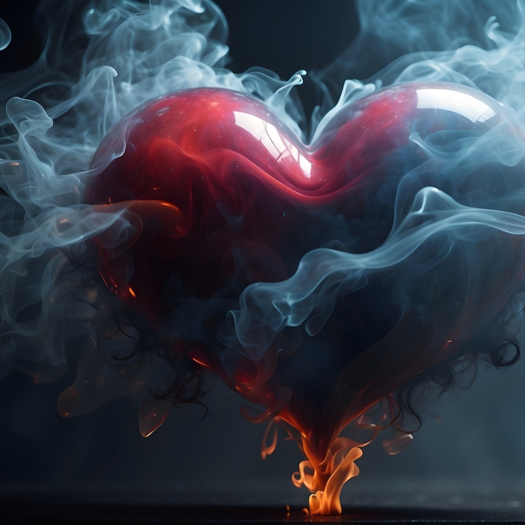 Большое горящее красное сердце в дыму