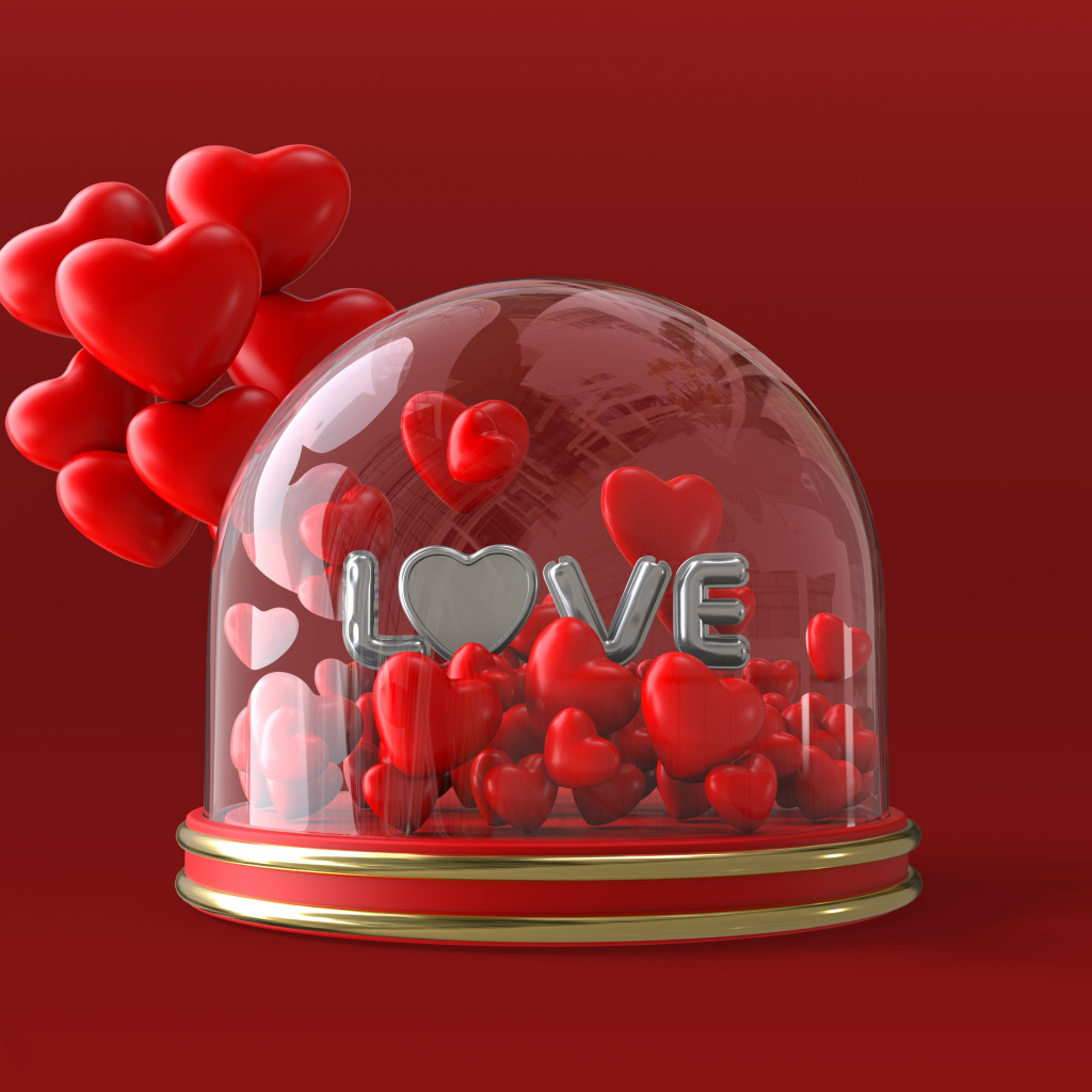 Коробка с красными сердечками на красном фоне