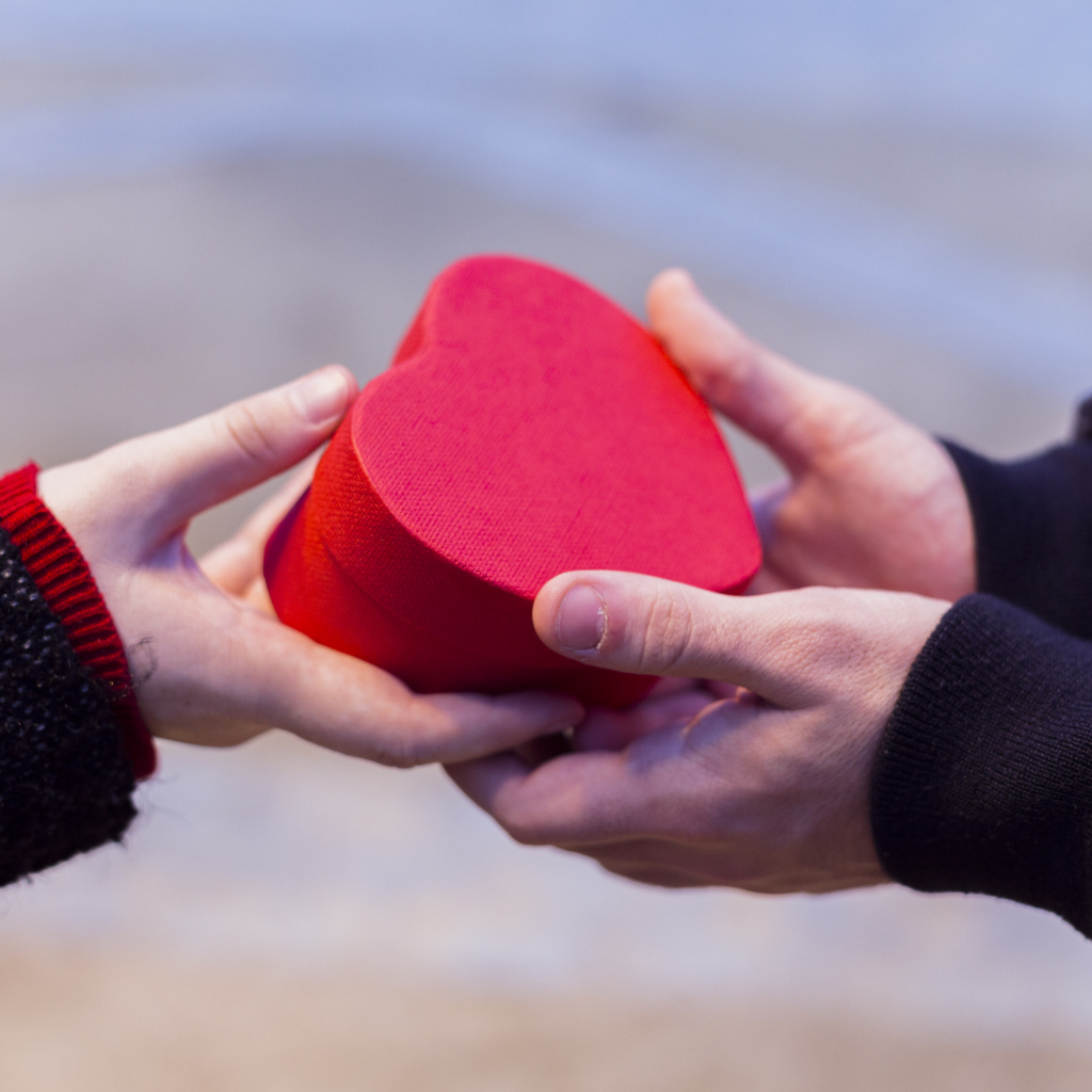 Пара держит небольшую подарочную коробку в форме сердца