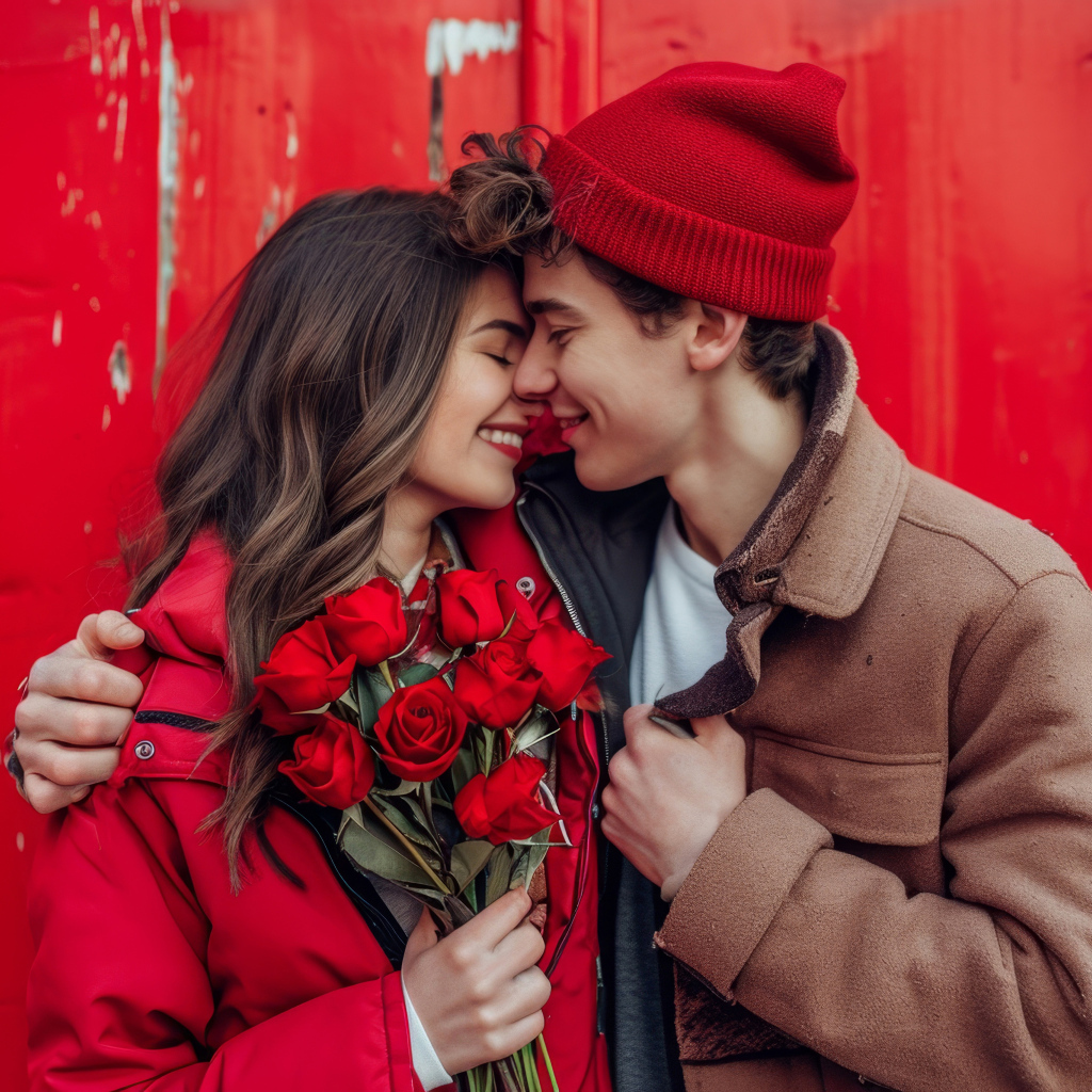 Влюбленная пара с букетом красных роз у стены