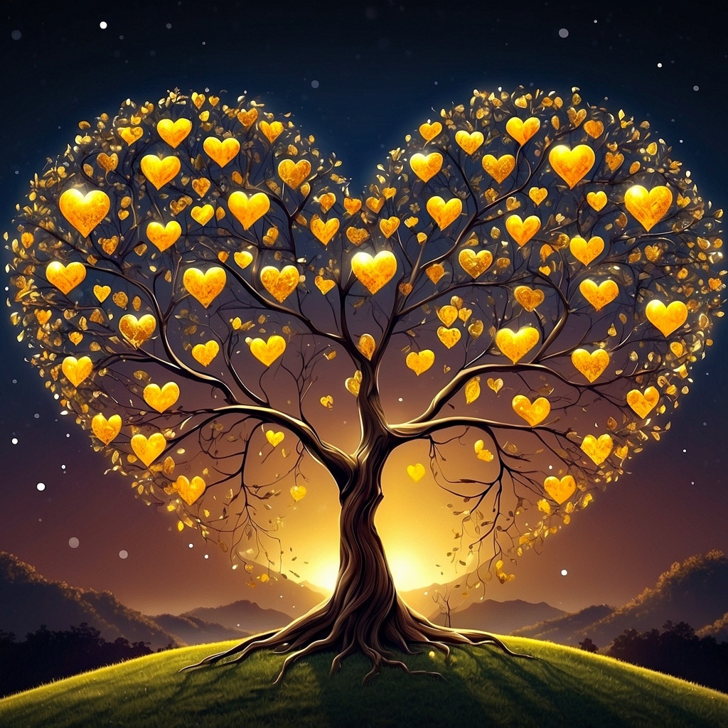 Дерево в форме сердца с золотыми листьями