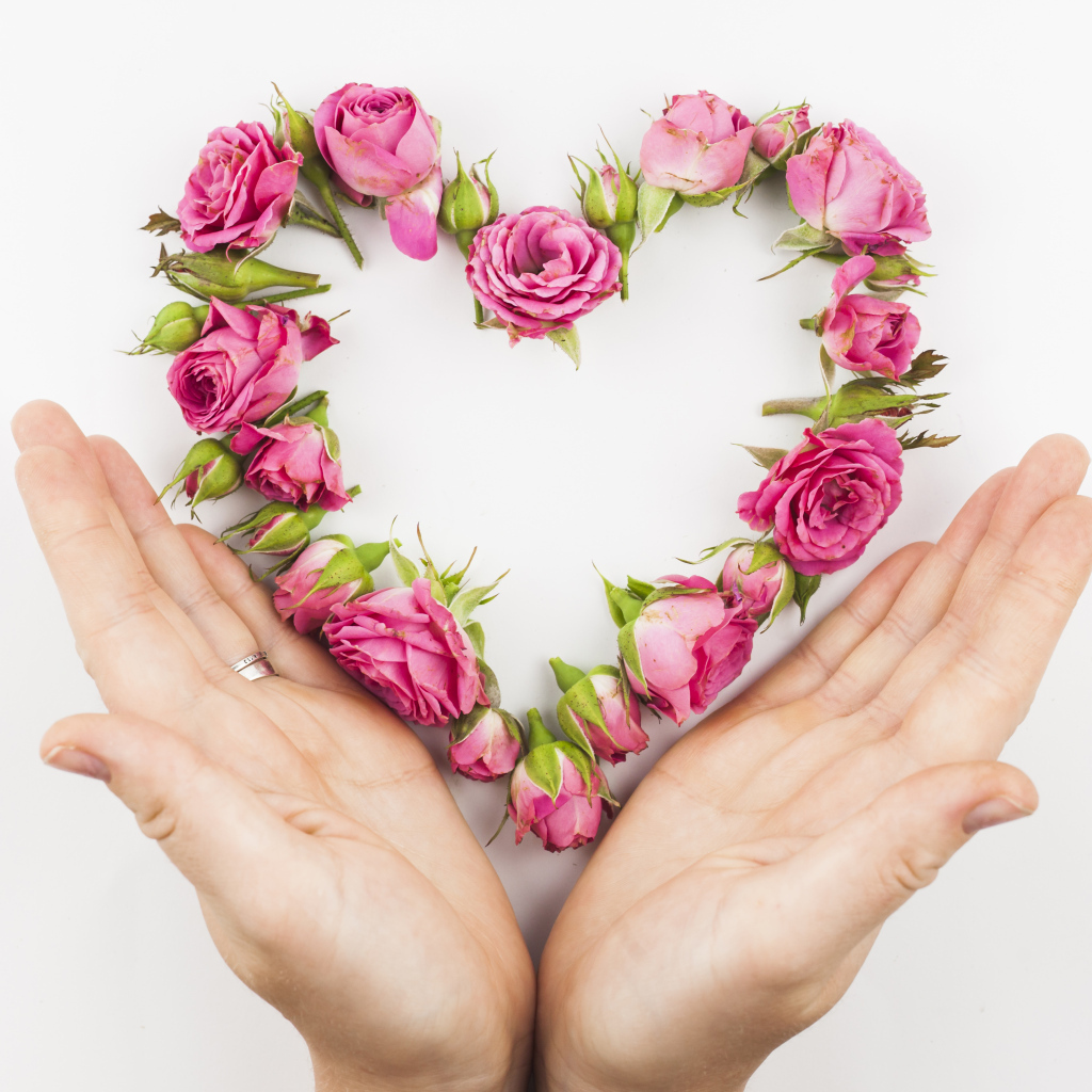 Ладони и сердце из цветов на белом фоне