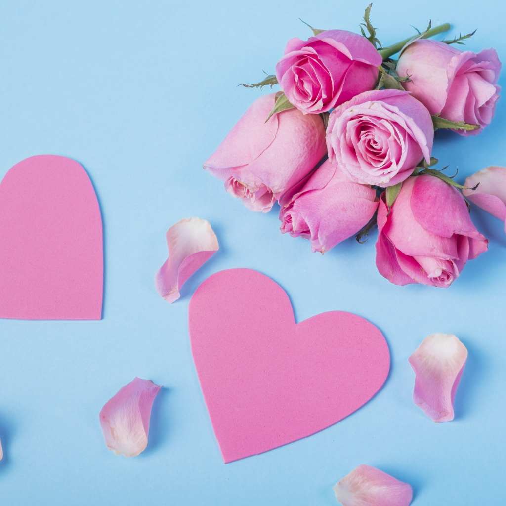 Розовые сердечки и цветы розы на голубом фоне