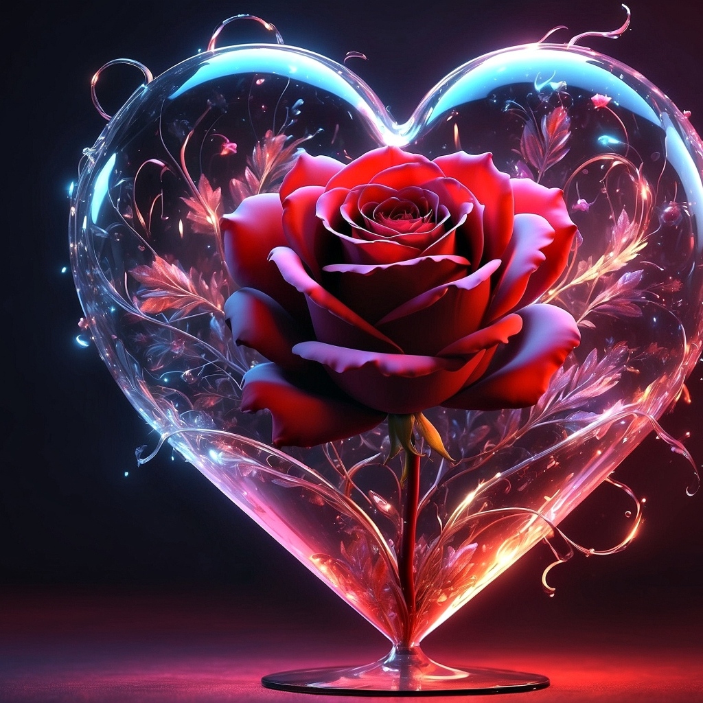 Красная роза в большом прозрачном сердце