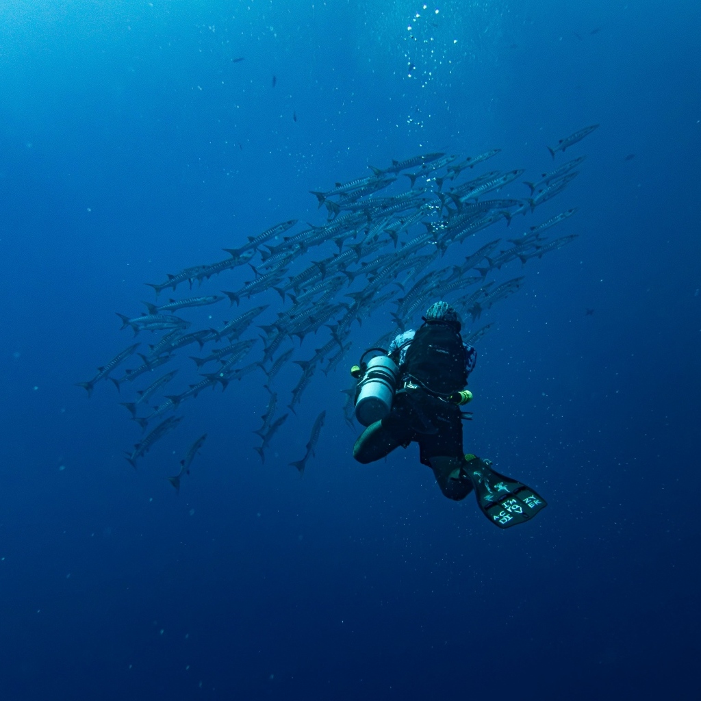 Дайвер плавает под водой с рыбами