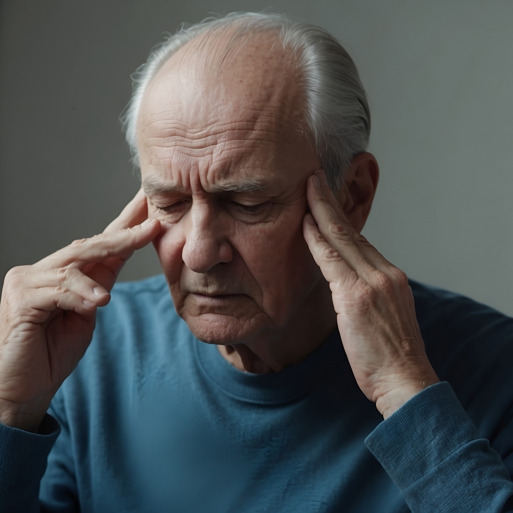 Пожилой мужчина держится руками за голову