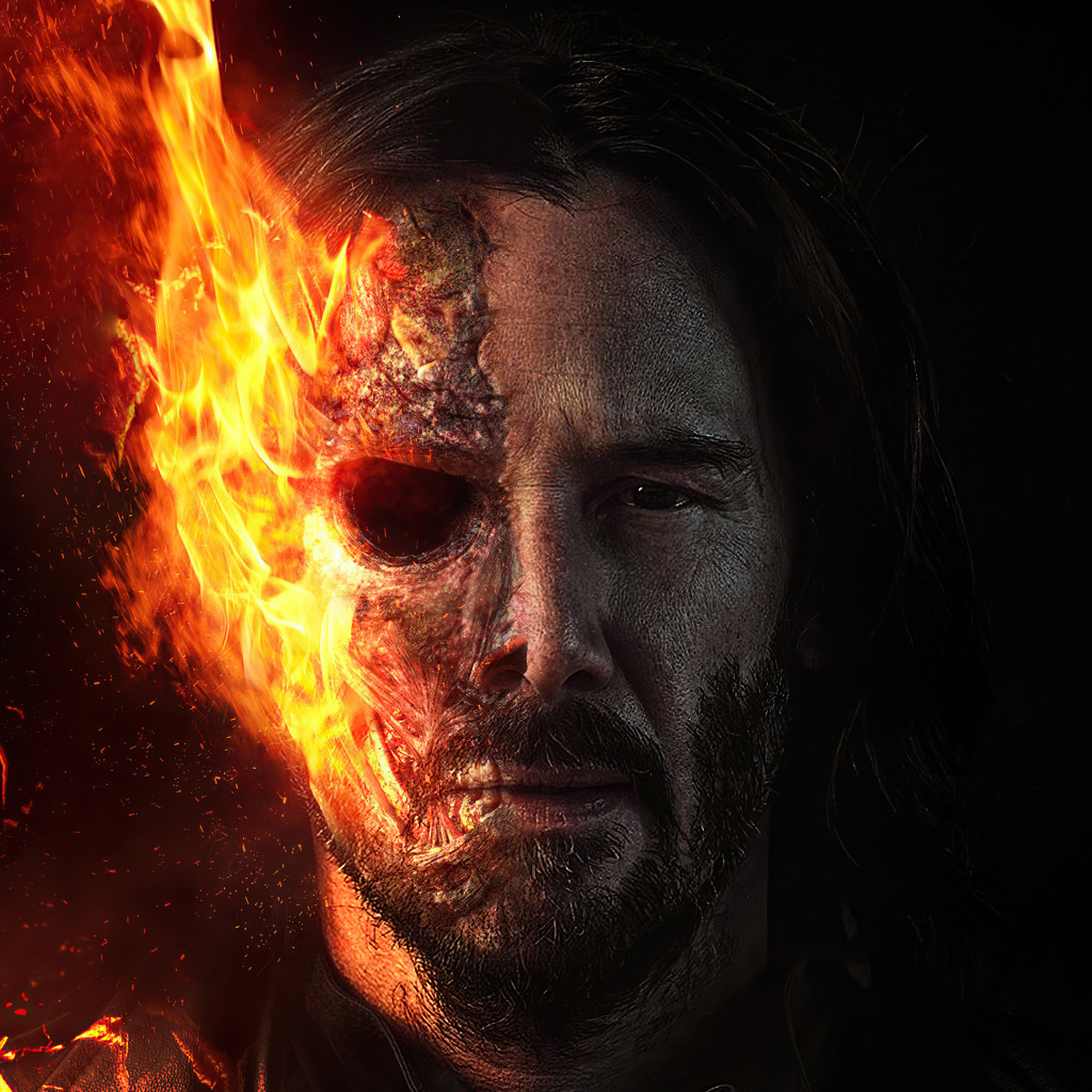 Актер Киану Ривз с горящим лицом