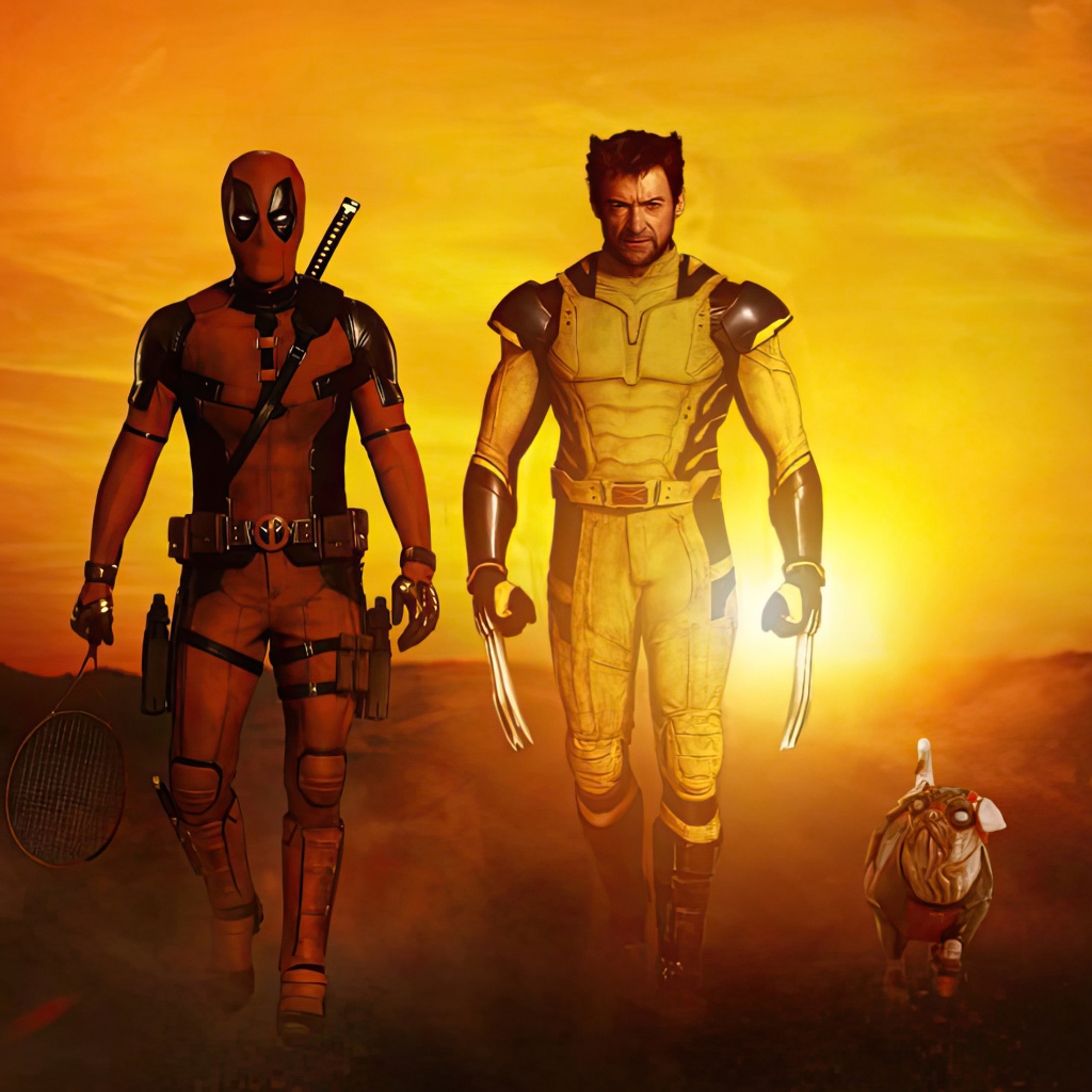 Персонажи фильма Дэдпул и Росомаха на фоне заката