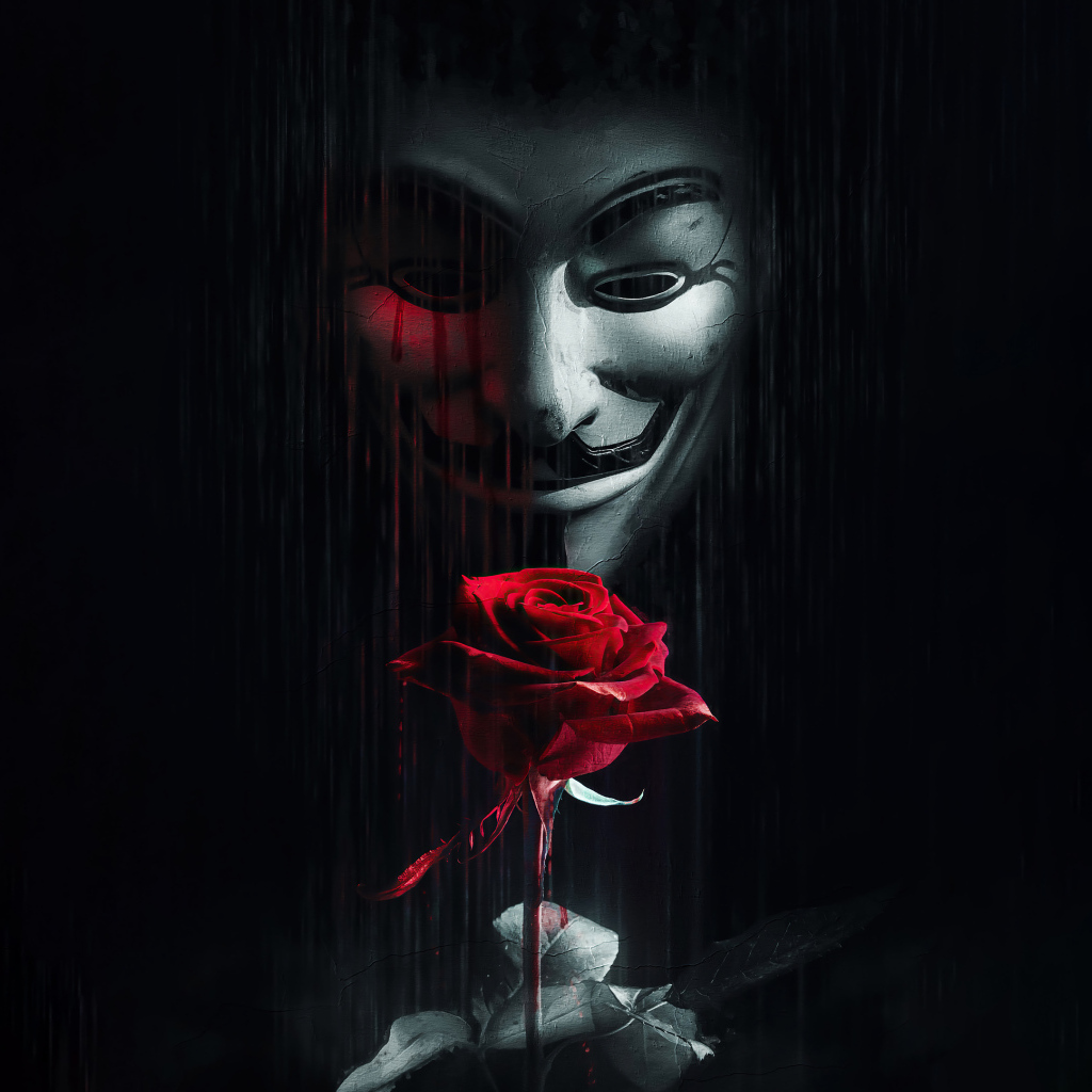 Человек в маске анонимуса с красной розой