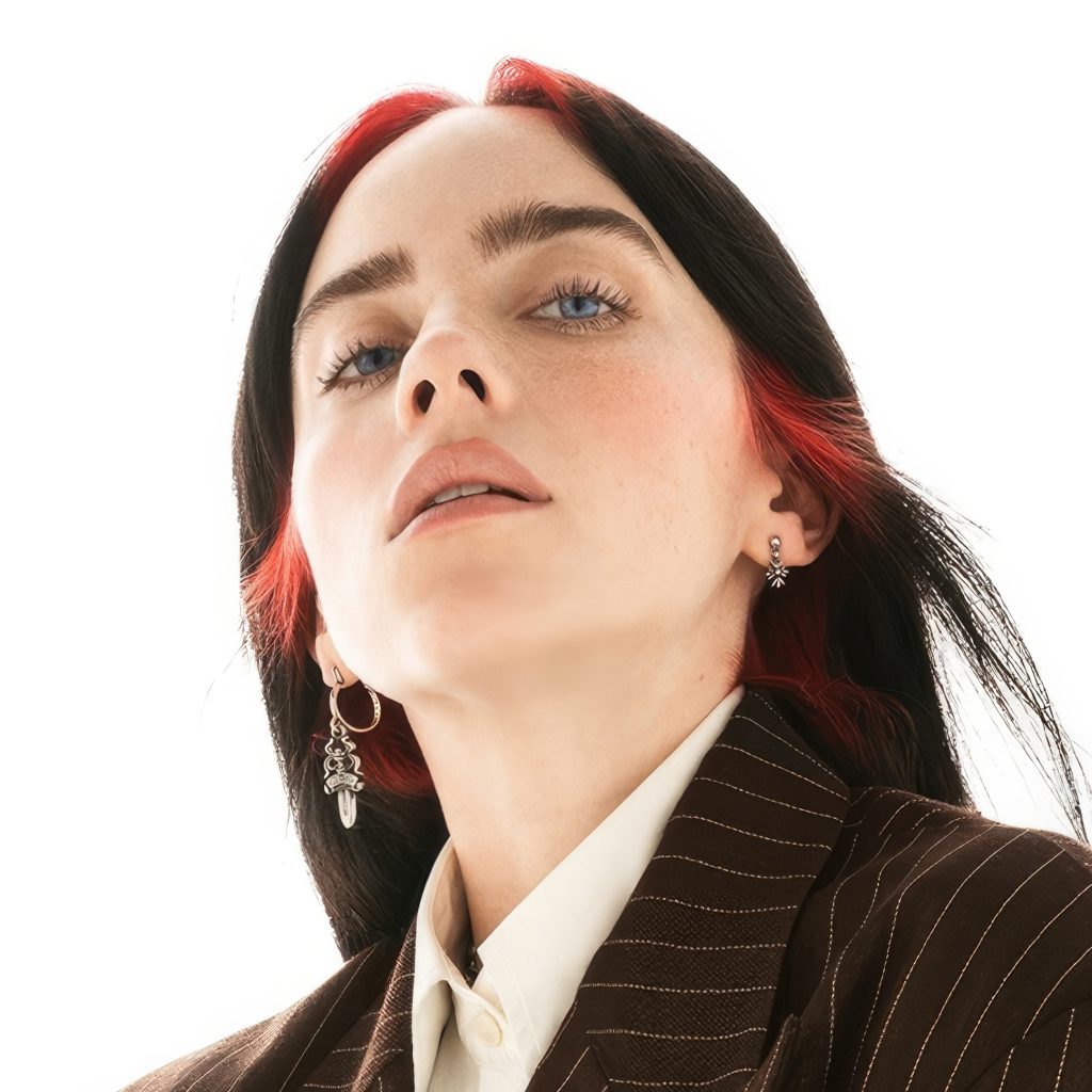 Красивая голубоглазая певица Билли Айлиш на белом фоне