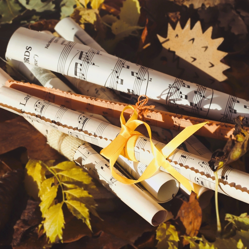 Ноты лежат на земле с опавшими листьями