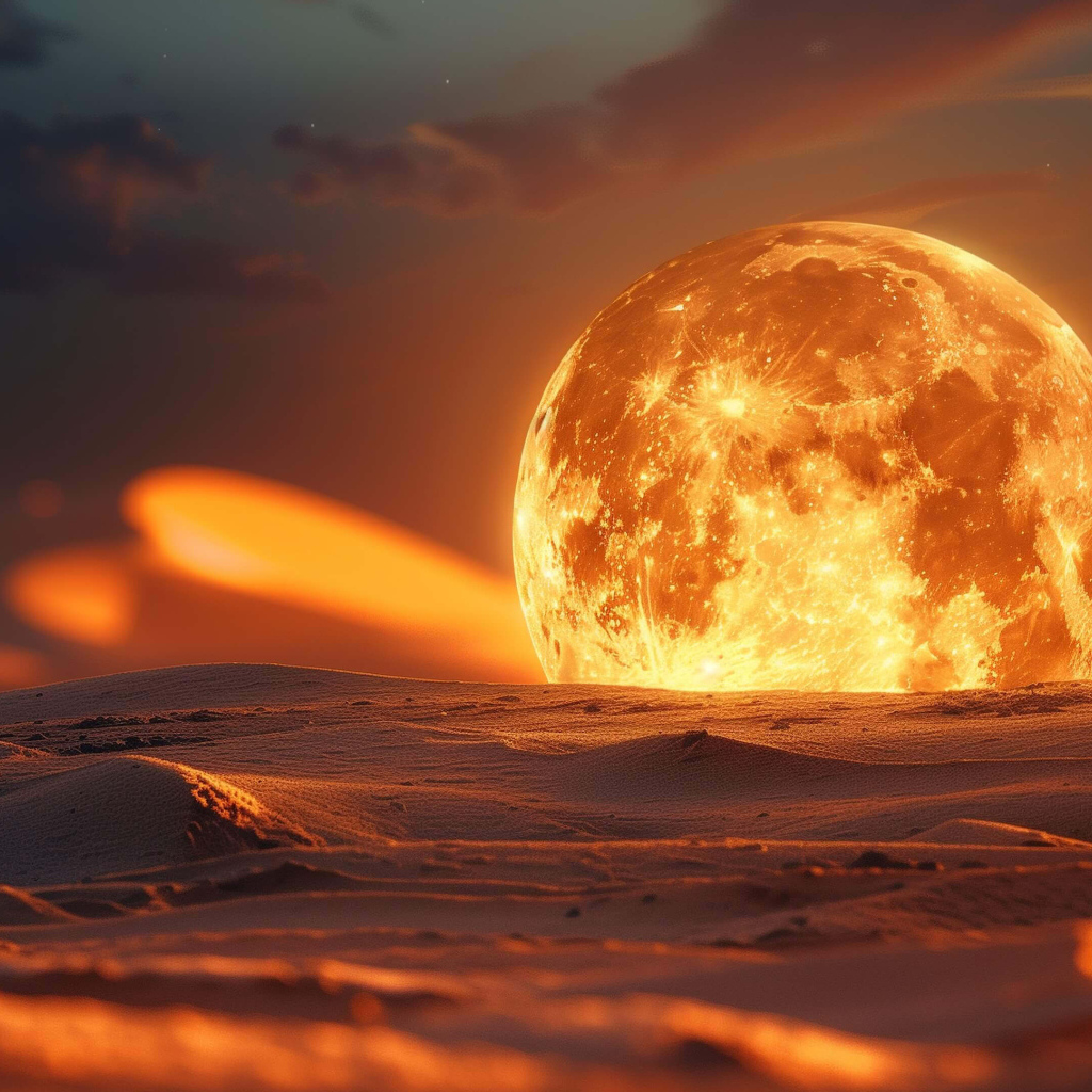 Большая огненная луна на песке