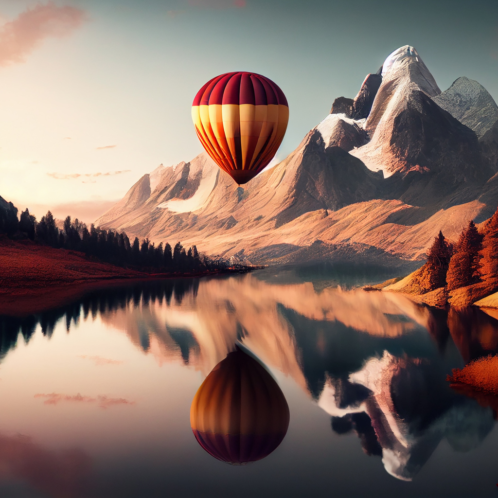 Большой воздушный шар над водой у гор 