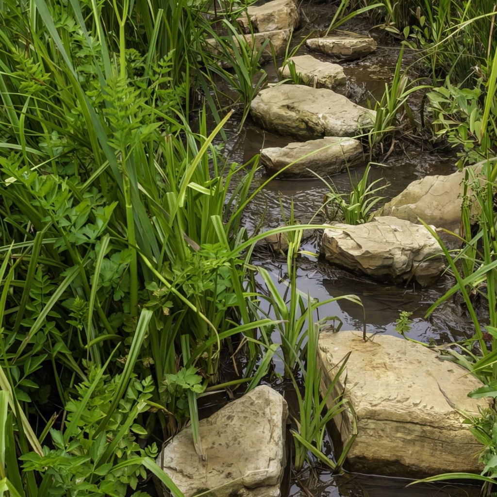 Большие камни в ручье в зеленой траве