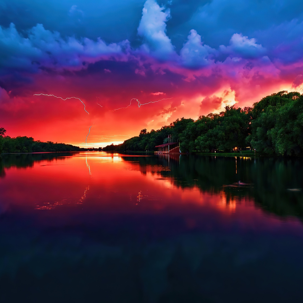 Молния в грозовом небе над рекой