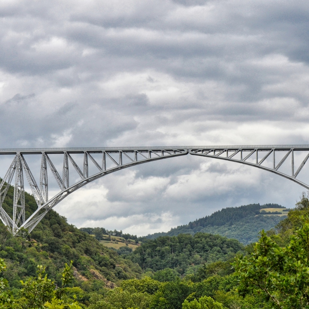 Вид на стальной виадук над покрытыми зеленью горами