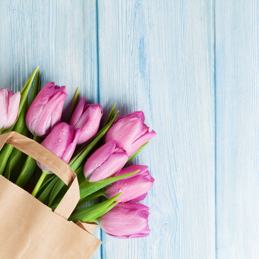 Пакет розовых тюльпанов на голубом столе