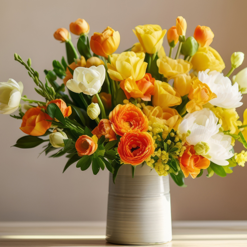 Букет красивых весенних цветов в вазе на столе