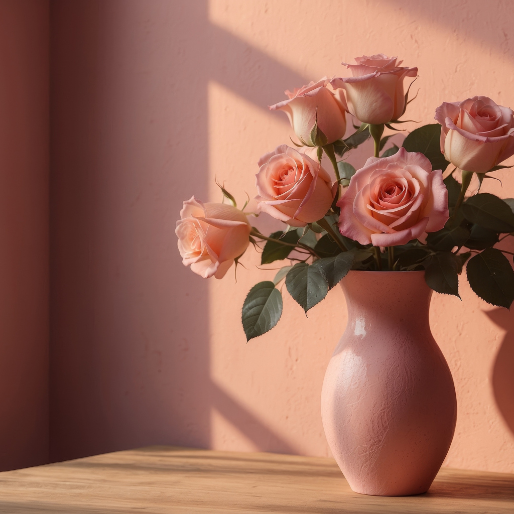 Букет нежных розовых роз в вазе у стены в лучах солнца