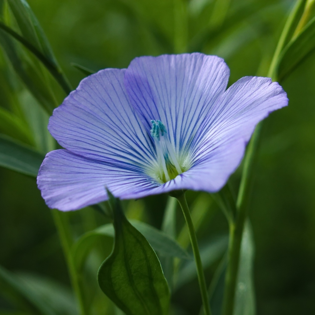 Голубой цветок льна в зеленой траве