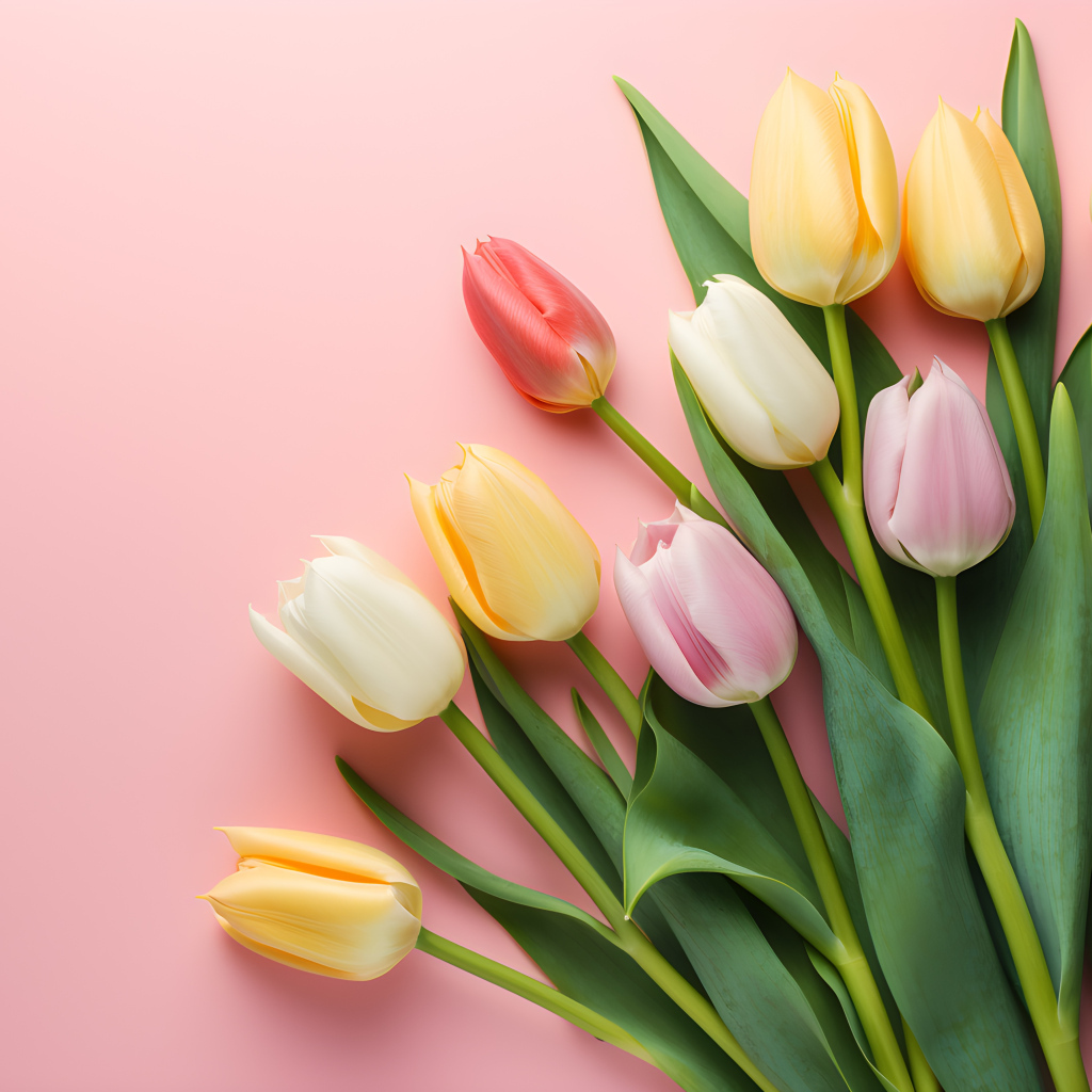 Букет нежных свежих тюльпанов на розовом фоне