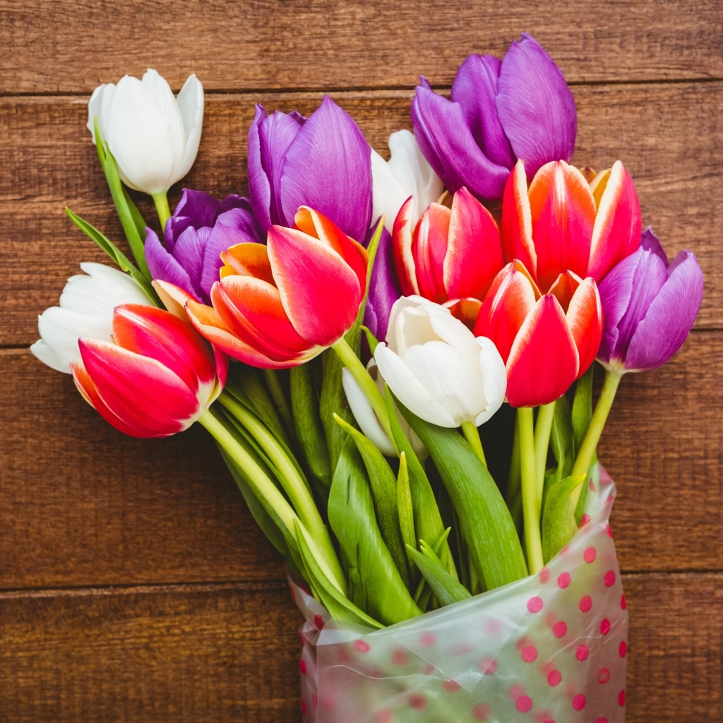 Букет разноцветных тюльпанов в пакете на деревянном фоне