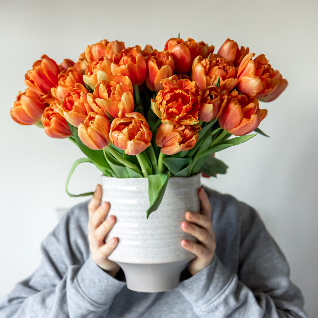 Букет оранжевых тюльпанов в вазе в руках