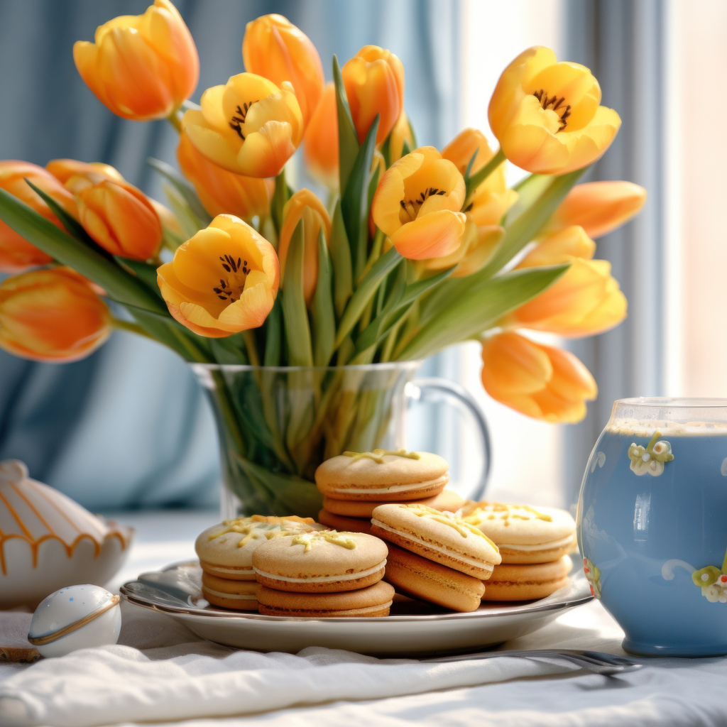 Букет оранжевых тюльпанов с печеньем на столе
