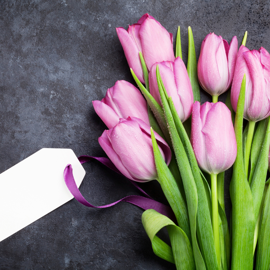 Букет розовых тюльпанов с открыткой на сером фоне