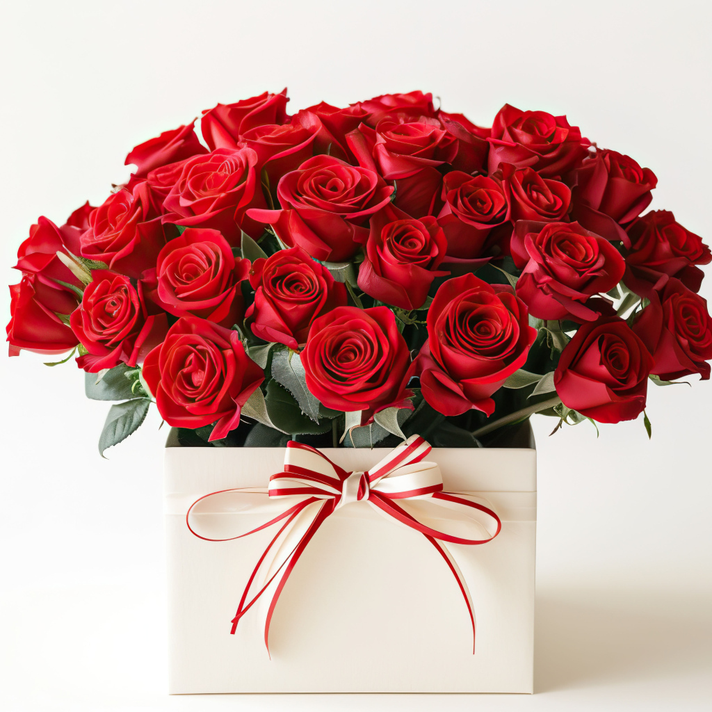 Букет красных роз в коробке на белом фоне