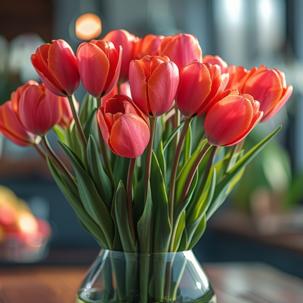 Букет красных тюльпанов в стеклянной прозрачной вазе на столе
