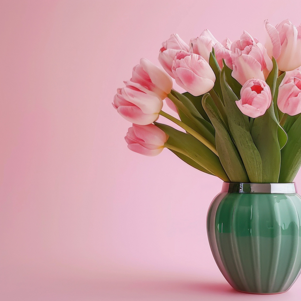 Букет тюльпанов зеленой вазе на розовом фоне