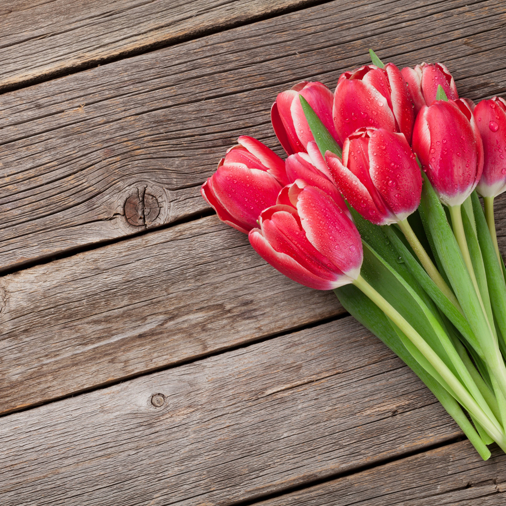 Букет мокрых красных тюльпанов на деревянном столе