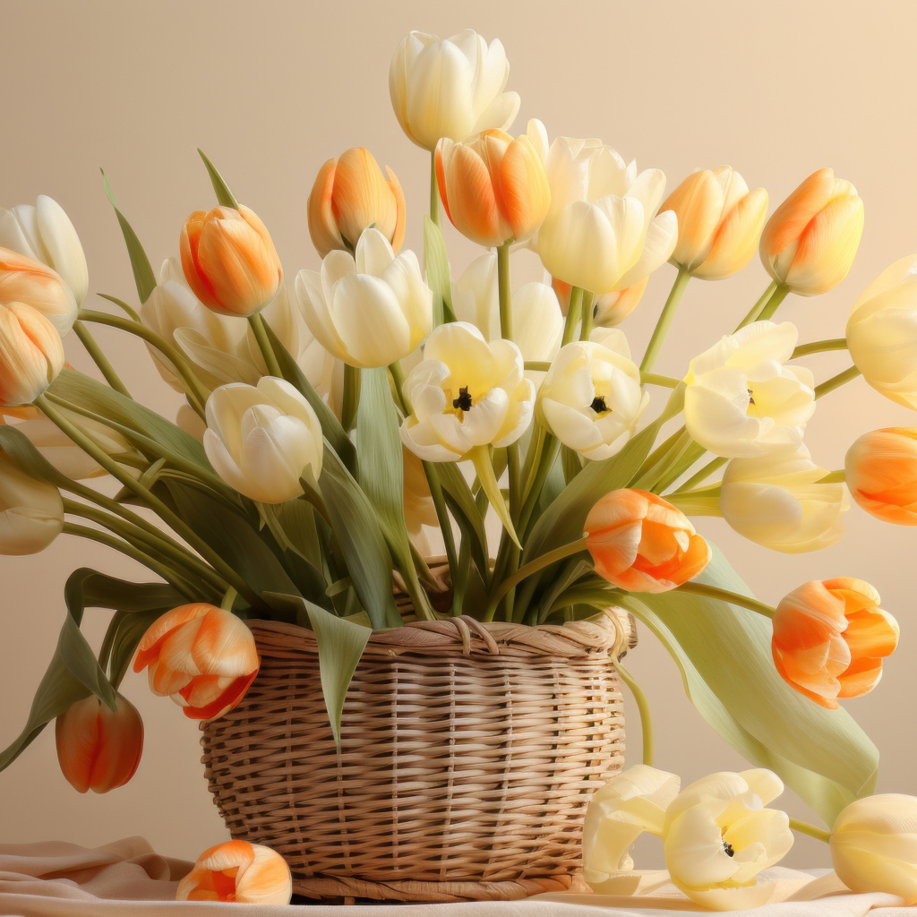 Букет белых и оранжевых тюльпанов в корзине